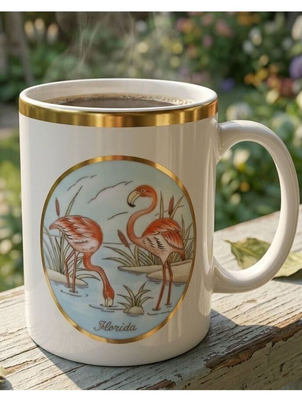 Vintage 1987 Lefton China Flamingo Mug - Collectible Gold Trim Ceramic Cup 08106